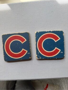 Official Cubs Red 'C' Logo Coasters on Blue Background - Set of 2